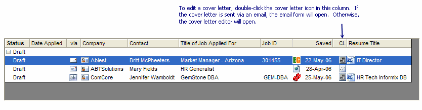 Job application grid with cover letter choices